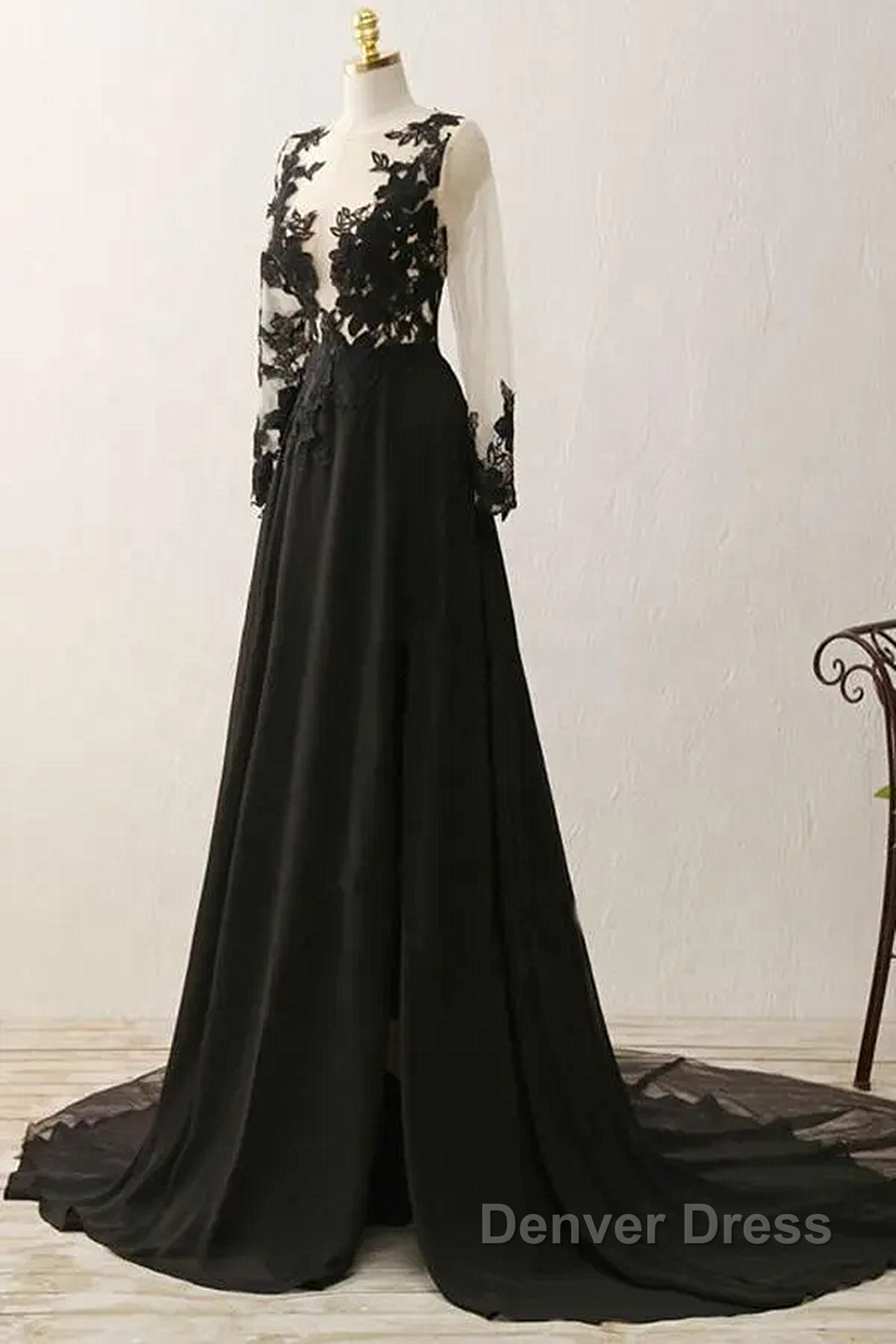 Black Long Sleeves Chiffon With Lace Prom Dress, Black A Line Prom Dresses With Leg Slit