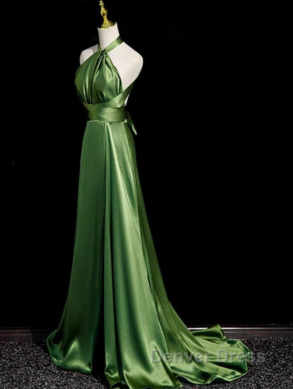 Green Soft Satin Halter Long Evening Dresses Party Dresses, Green A-line Prom Dresses