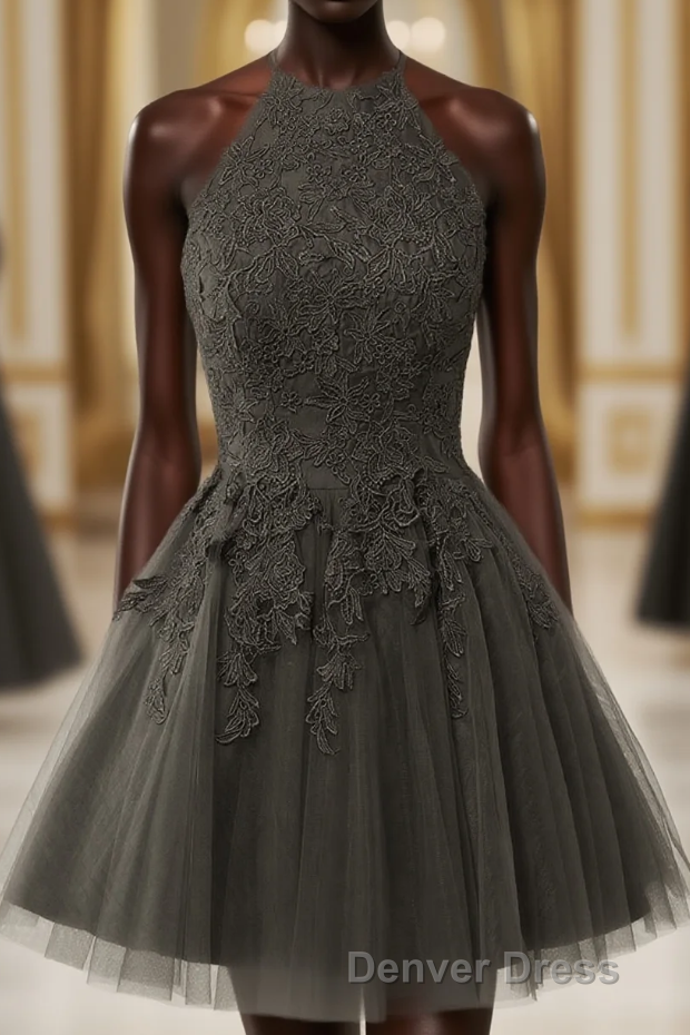 Black Halter Tulle With Lace Short Prom Dress, Black Tulle Homecoming Dresses Main image
