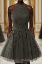 Black Halter Tulle With Lace Short Prom Dress, Black Tulle Homecoming Dresses