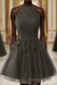Black Halter Tulle With Lace Short Prom Dress, Black Tulle Homecoming Dresses