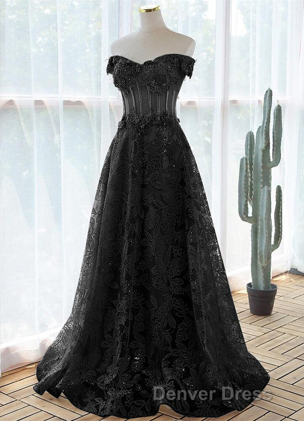 A-Line Off Shoulder Black Tulle With Lace Party Dresses, Black Long Prom Dresses