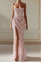 New Arrival Pink Sequins Sleeveless Prom Dresses With Split
