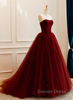 Wine Red Tulle Scoop Long Formal Dresses, Wine Red Tulle Prom Dresses Party Dresses