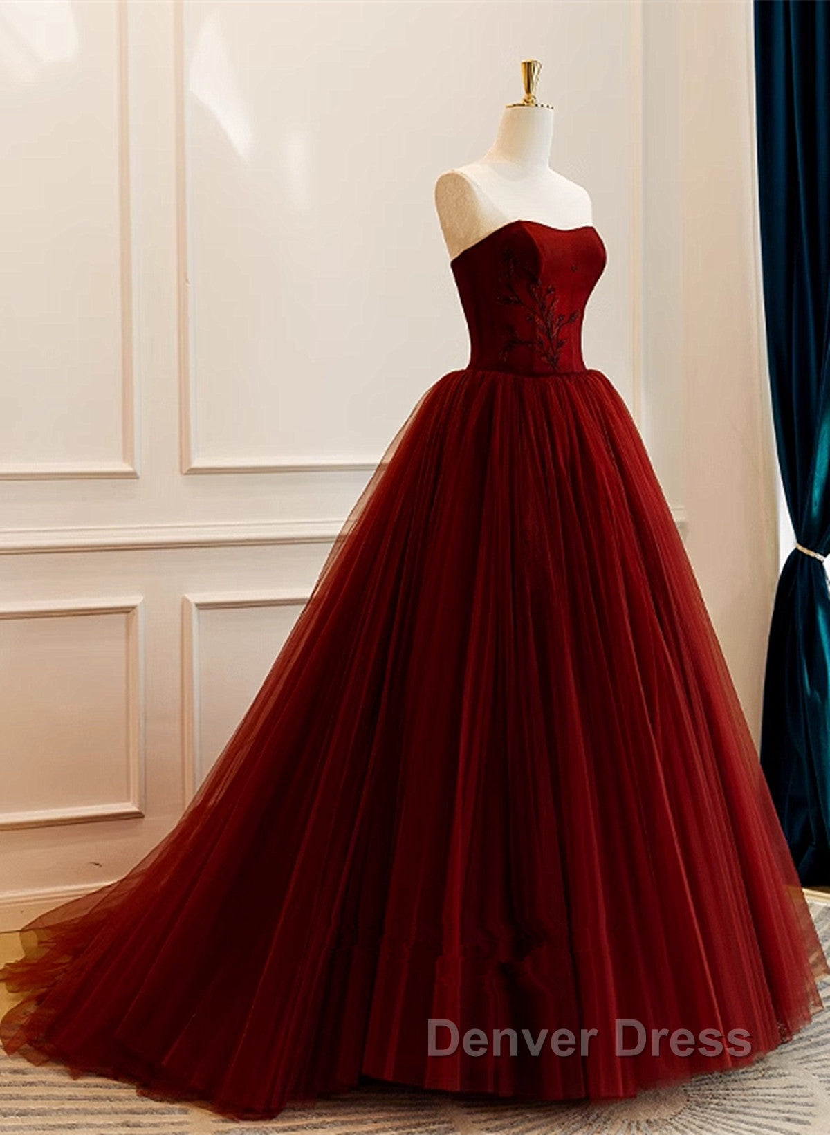 Wine Red Tulle Scoop Long Formal Dresses, Wine Red Tulle Prom Dresses Party Dresses
