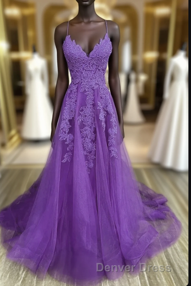 V-Neckline Purple A-Line Straps Long Prom Dresses, Purple Long Evening Dresses Party Dresses Main image