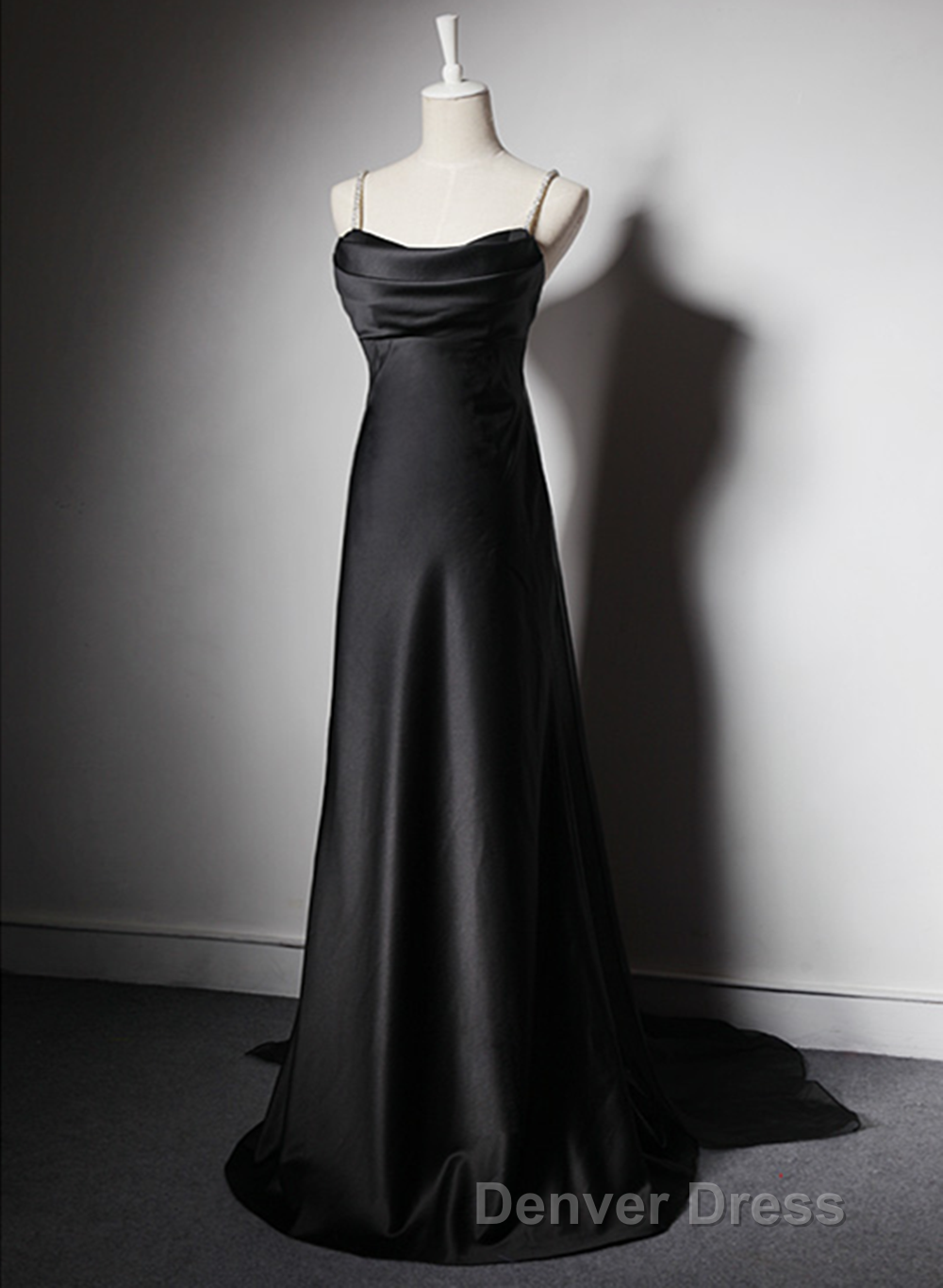 Black Soft Satin A-Line Floor Length Prom Dresses, Black Straps Long Evening Dresses