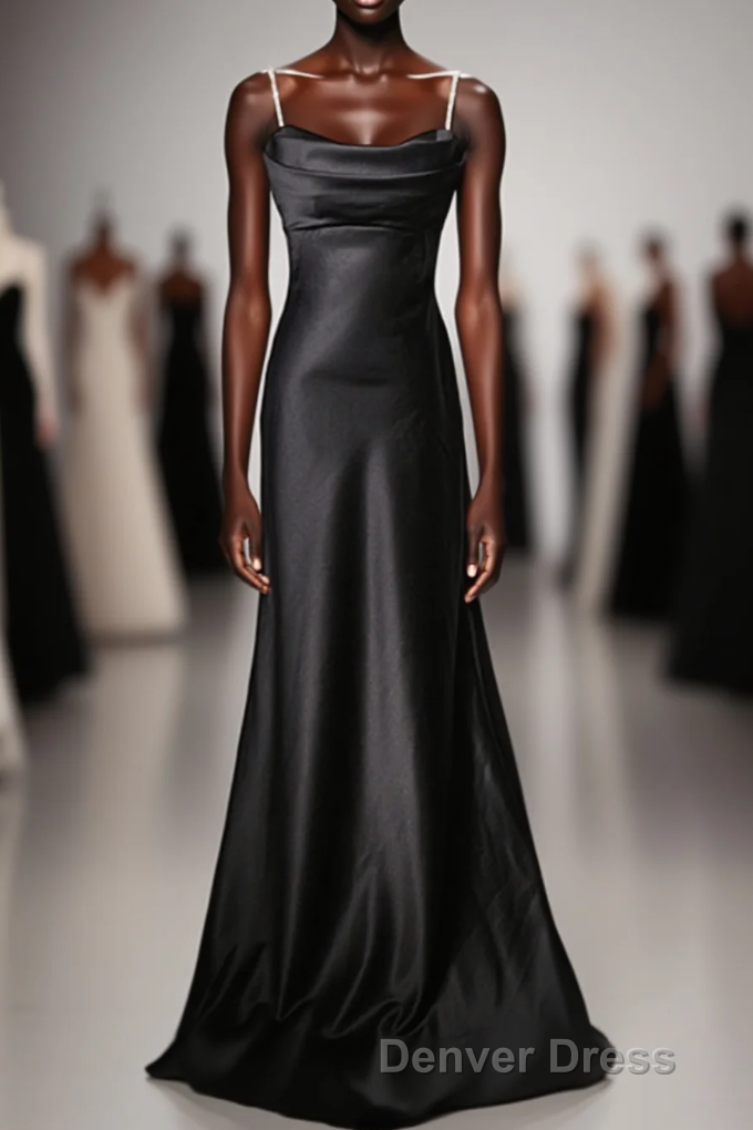 Black Soft Satin A Line Floor Length Prom Dress, Black Straps Long Prom Dresses Main image