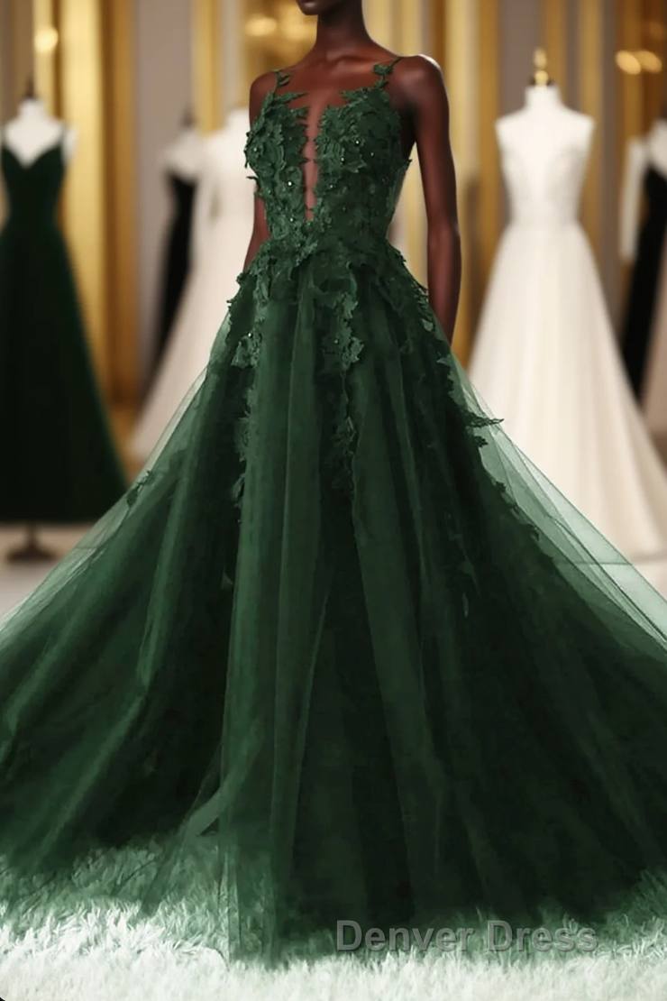 Green A-Line Tulle With Lace Low Back Prom Dresses, Green Tulle Evening Dresses Party Dresses Main image