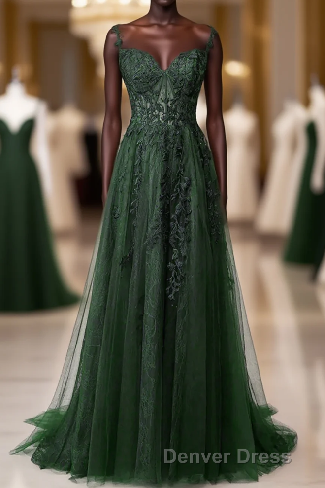 Dark Green Tulle With Lace Beaded Straps Prom Dresses, Green Long Formal Dresses Party Dresses Main image