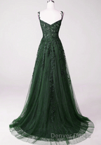 Dark Green Tulle With Lace Beaded Straps Prom Dresses, Green Long Formal Dresses Party Dresses