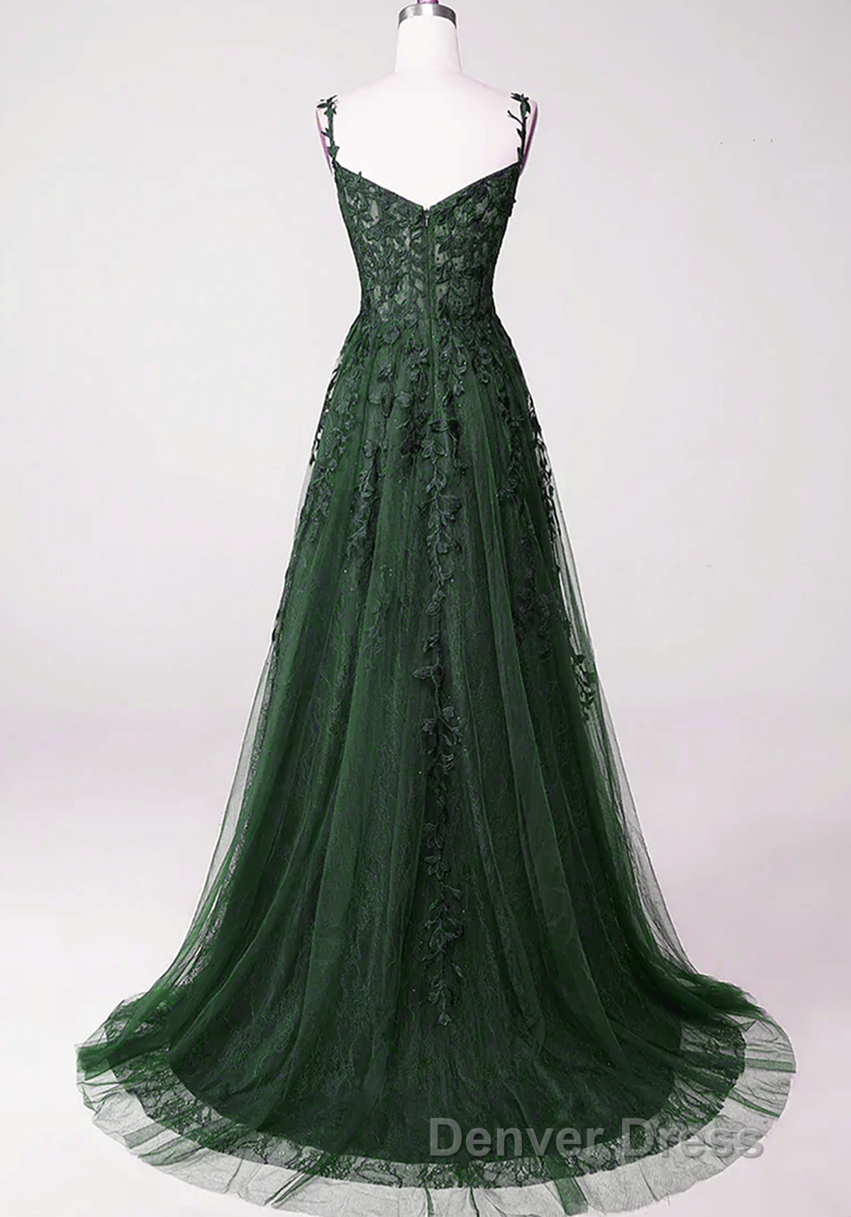 Dark Green Tulle With Lace Beaded Straps Prom Dress, Green Long Prom Dress