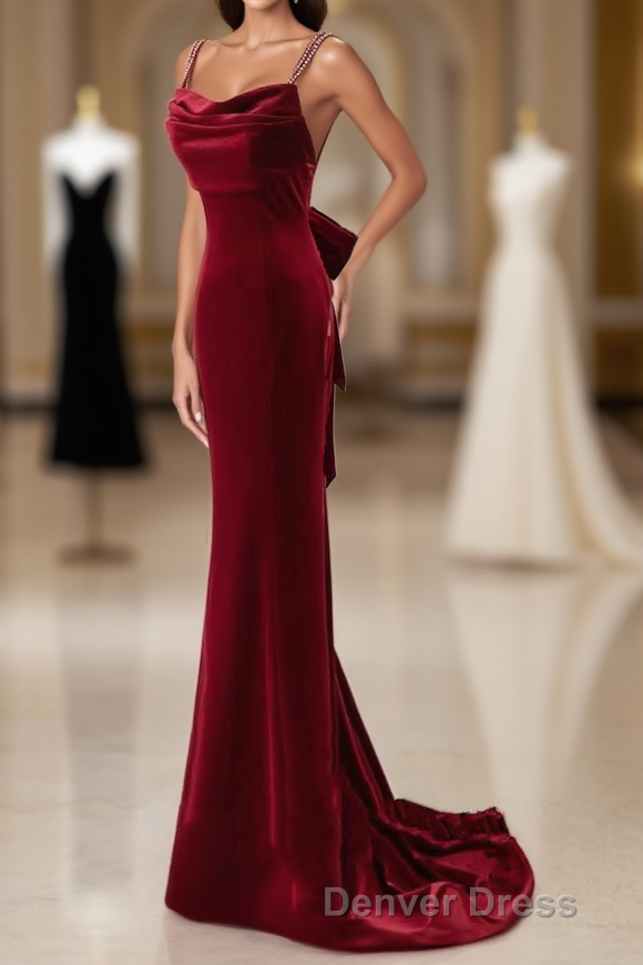 Wine Red Velvet Low Back Straps Long Party Dresses, Wine Red Wedding Party Dresses Main image