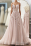 Pink Tulle With Lace Straps Long Party Dresses, Pink Tulle Prom Dresses Evening Dresses
