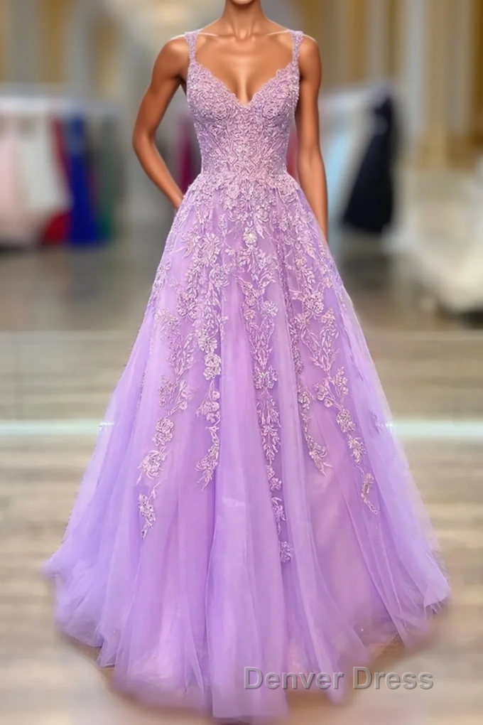 A-Line Tulle Princess Light Purple Prom Dresses With Appliques, Tulle Straps Formal Dresses Main image