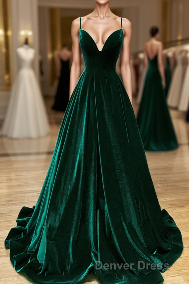 Green V-Neckline Straps Lace-Up A-Line Prom Dresses, Green Velvet Long Prom Dresses Main image