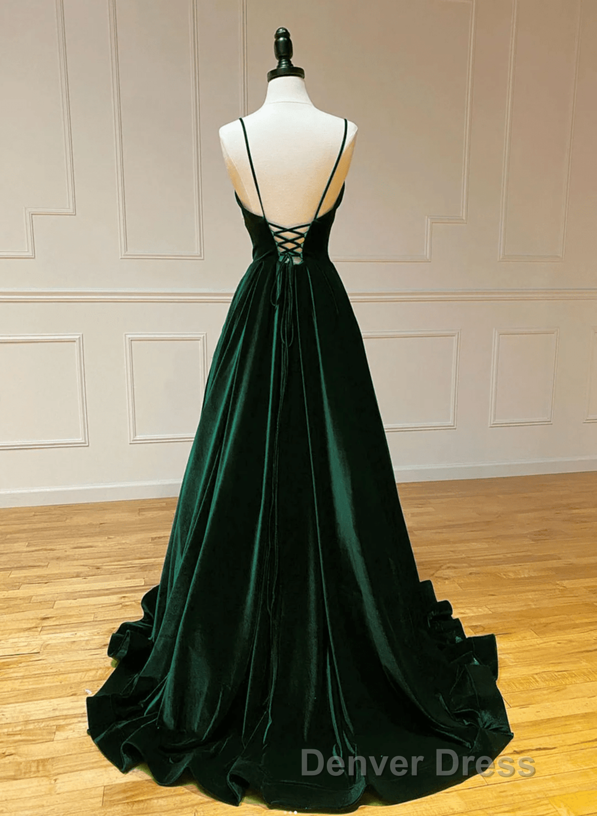 Green V-Neckline Straps Lace-Up A-Line Prom Dresses, Green Velvet Long Prom Dresses Secondary image