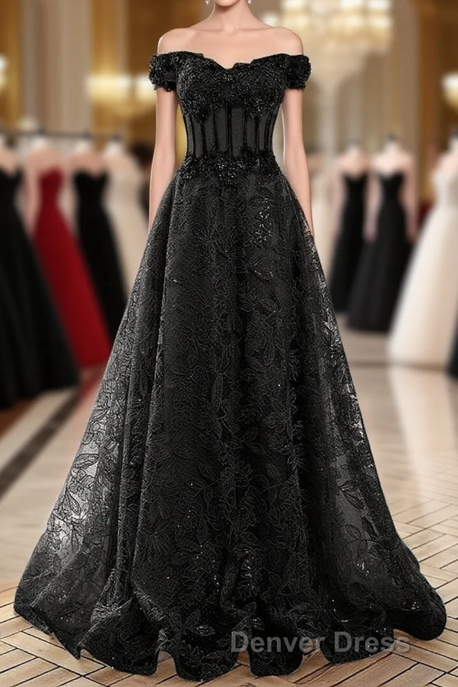 A-Line Off Shoulder Black Tulle With Lace Party Dresses, Black Long Prom Dresses Main image