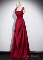 A Line Sleeveless Wine Red Satin Prom Dress, Wine Red Long Prom Dresses