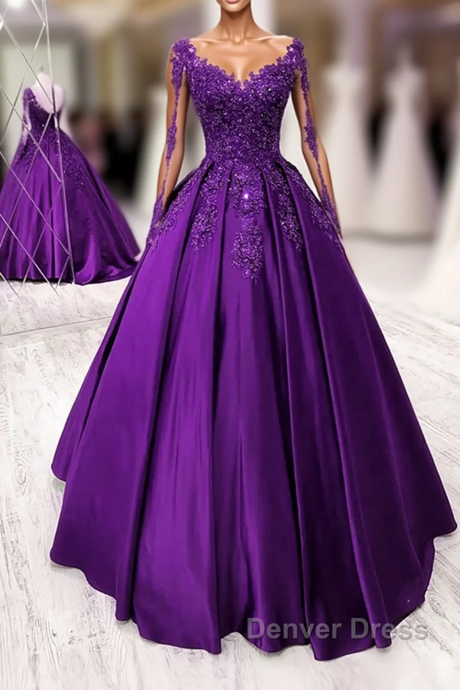 Purple Satin Long Sleeves Prom Dresses Formal Dresses, Lace Applique Sweet 16 Dresses