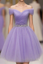 Purple Off Shoulder Tulle Sequin Prom Dresses, Purple Homecoming Dresses