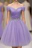 Purple Off Shoulder Tulle Sequin Prom Dresses, Purple Homecoming Dresses