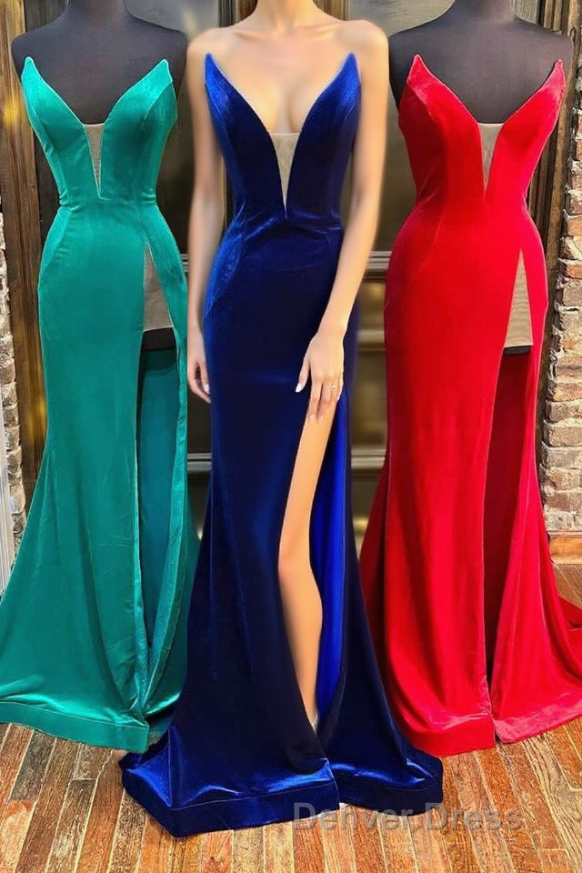 Red Velvet Strapless Mermaid Long Formal Dresses with Slit Main image