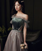 Green Tulle Sequin Long Prom Dress Green Prom Dresses