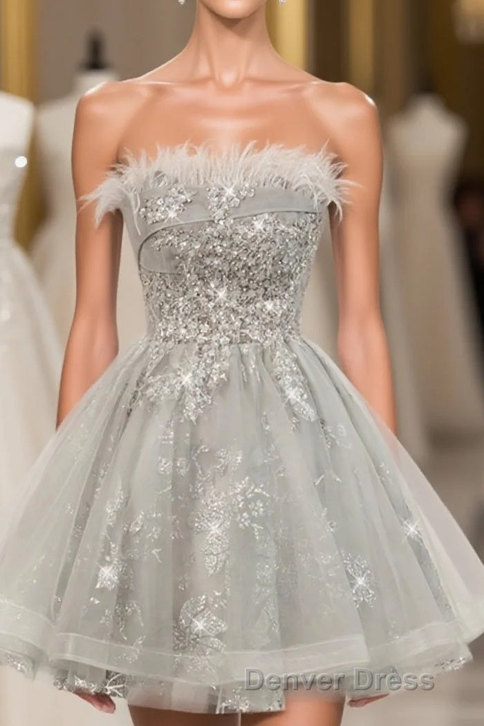 Gray Sweetheart Lace Tulle Short Prom Dress, Gray Cocktail Dresses