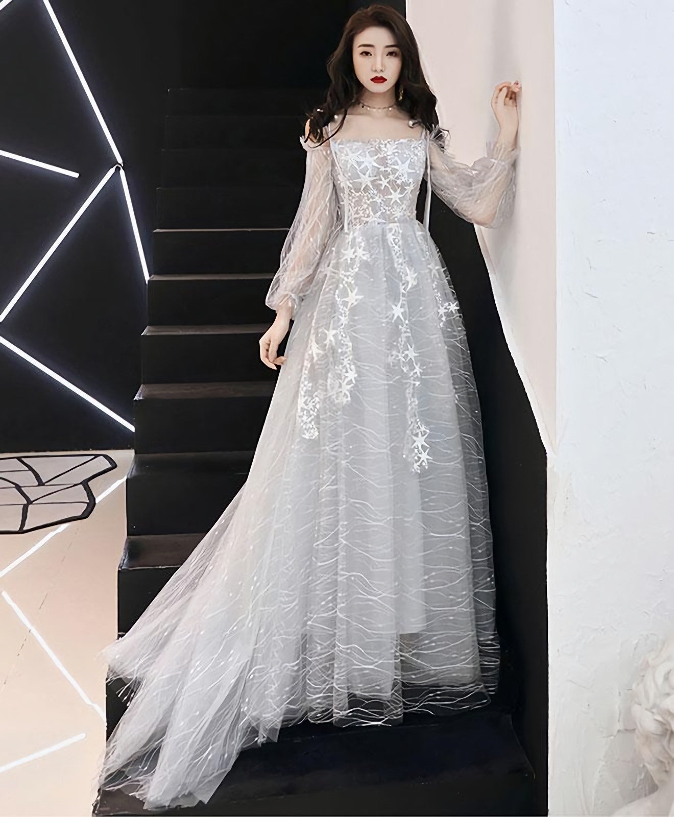Gray Tulle Lace Long Prom Dress Gray Tulle Prom Dresses 3