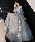 Gray Blue Tulle Lace Long Prom Dress Gray Blue Prom Dresses