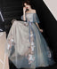 Gray Blue Tulle Lace Long Prom Dress Gray Blue Prom Dresses