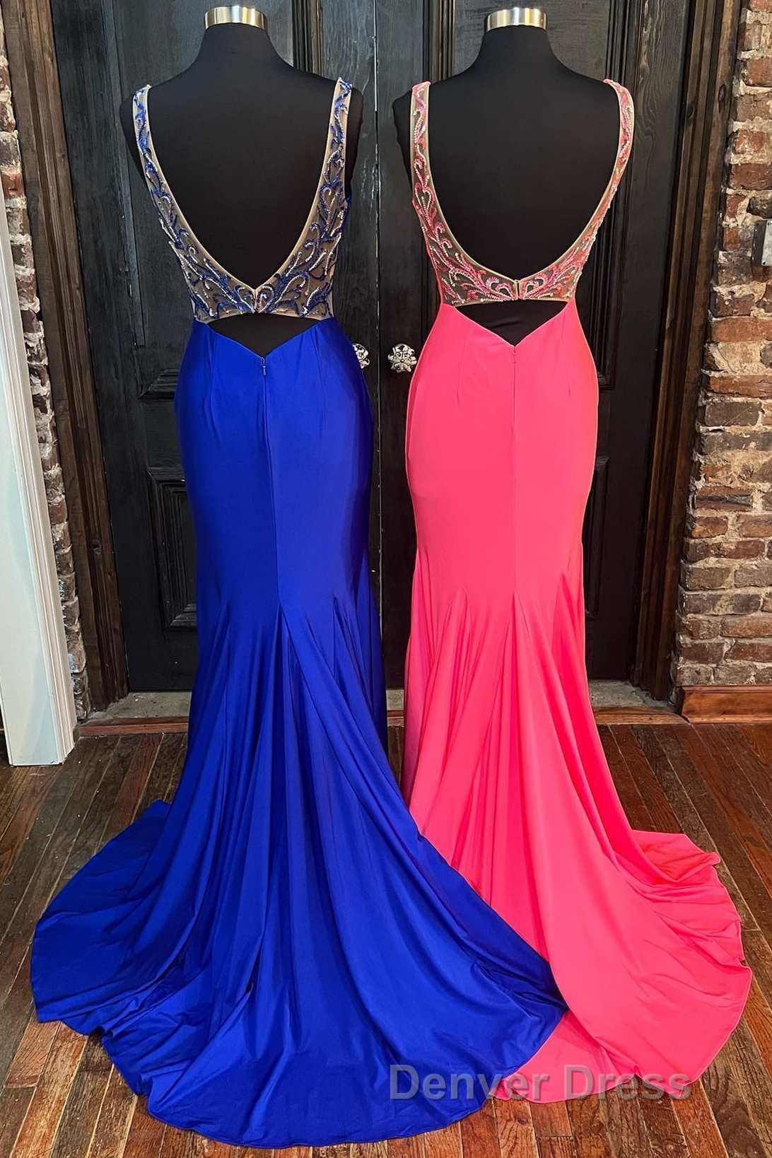 Royal Blue V-Neck Open Back Mermaid Long Prom Dresses