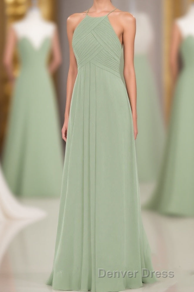 Sage Green Chiffon Halter Backless Long Bridesmaid Dresses Main image