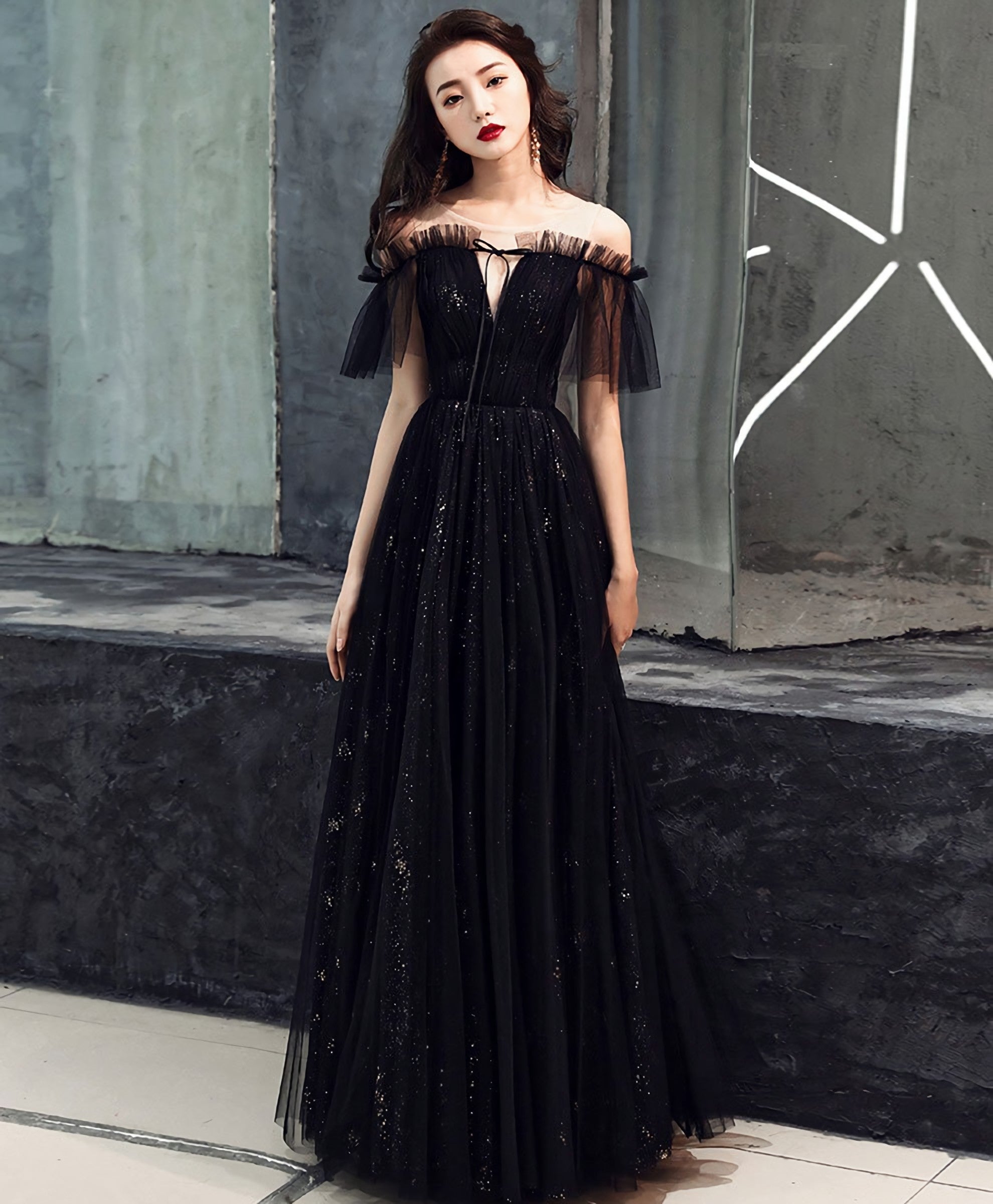 Black Tulle Off Shoulder Long Prom Dress, Black Prom Dresses