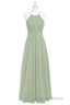 Sage Green Chiffon Halter Backless Long Bridesmaid Dresses
