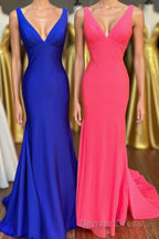 Royal Blue V-Neck Open Back Mermaid Long Prom Dresses