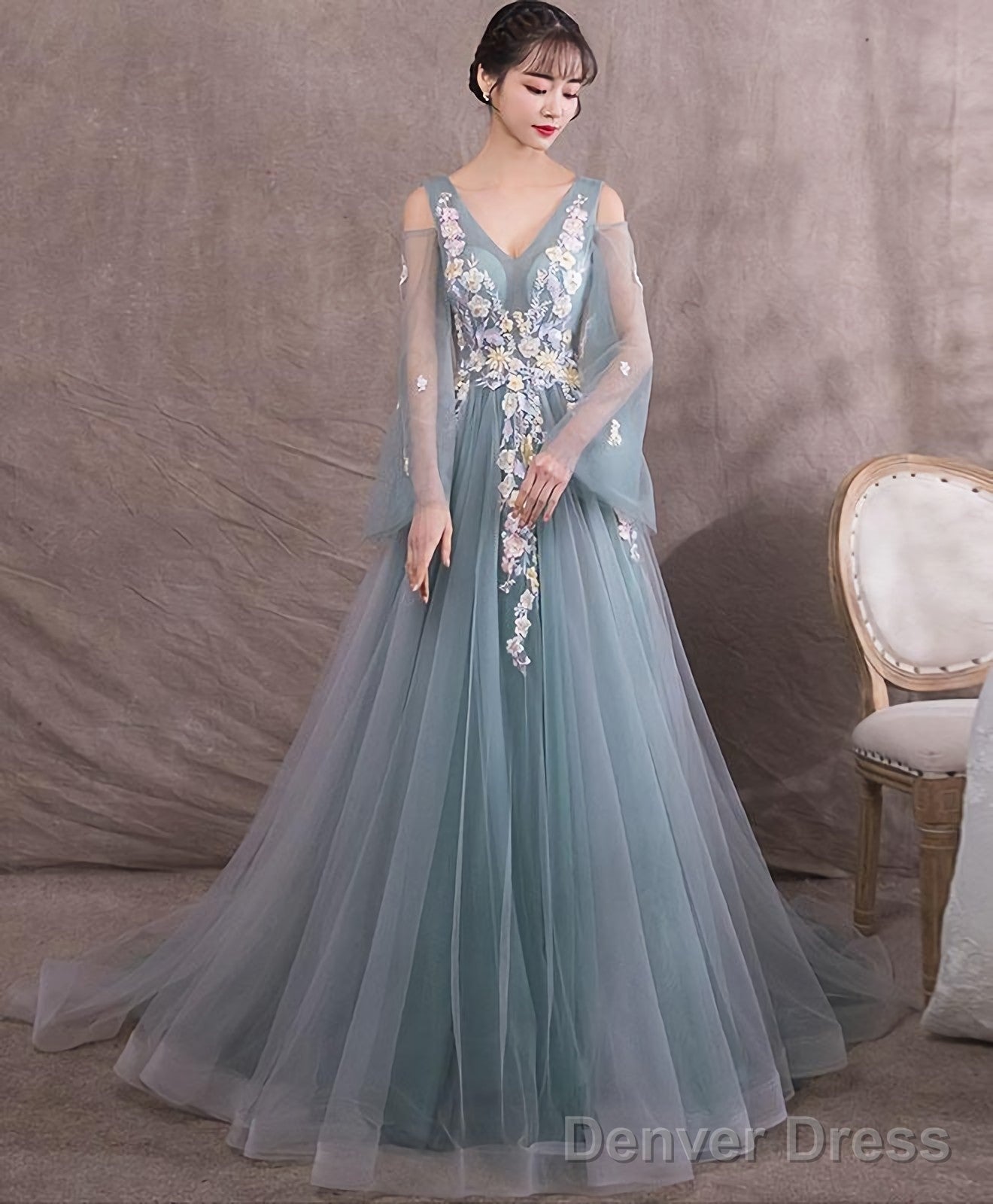 Green V Neck Tulle Lace Long Prom Dress Green Evening Dress Main image