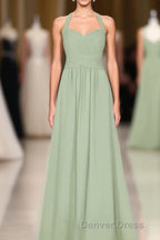 Sage Green Halter Backless A Line Bridesmaid Dresses