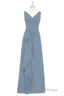 Dusty Blue V Neck Banded Waist Ruffled Long Bridesmaid Dresses