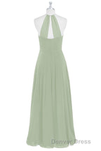 Sage Green Chiffon Halter Backless Long Bridesmaid Dresses