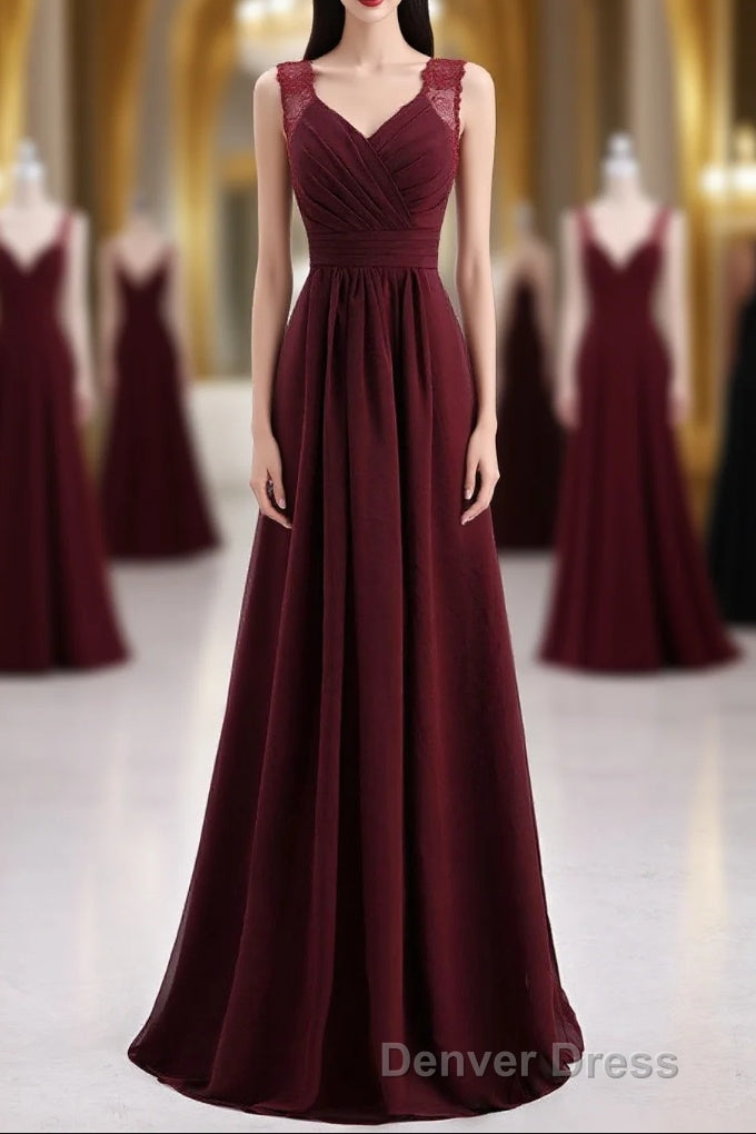 Burgundy Chiffon A-line Pleated Long Bridesmaid Dresses Main image
