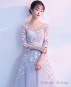 Gray Round Neck Tulle Lace Applique Long Prom Dress Gray Prom Dresses