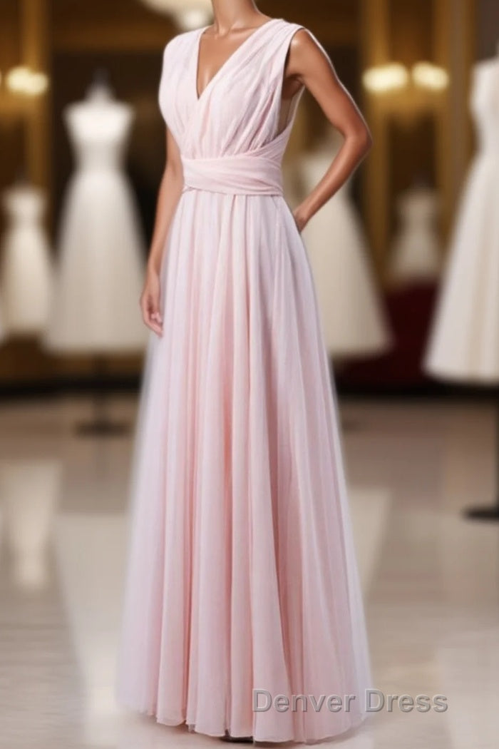 Blush Pink V-Neck Lace-Up A-Line Bridesmaid Dresses Main image