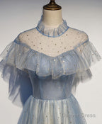 Light Blue Tulle Lace Long Prom Dress, Tulle Prom Dresses