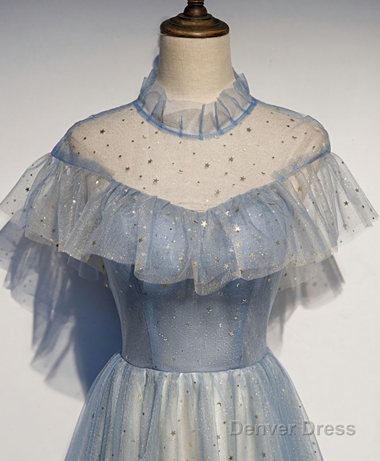 Light Blue Tulle Lace Long Prom Dress, Tulle Prom Dresses