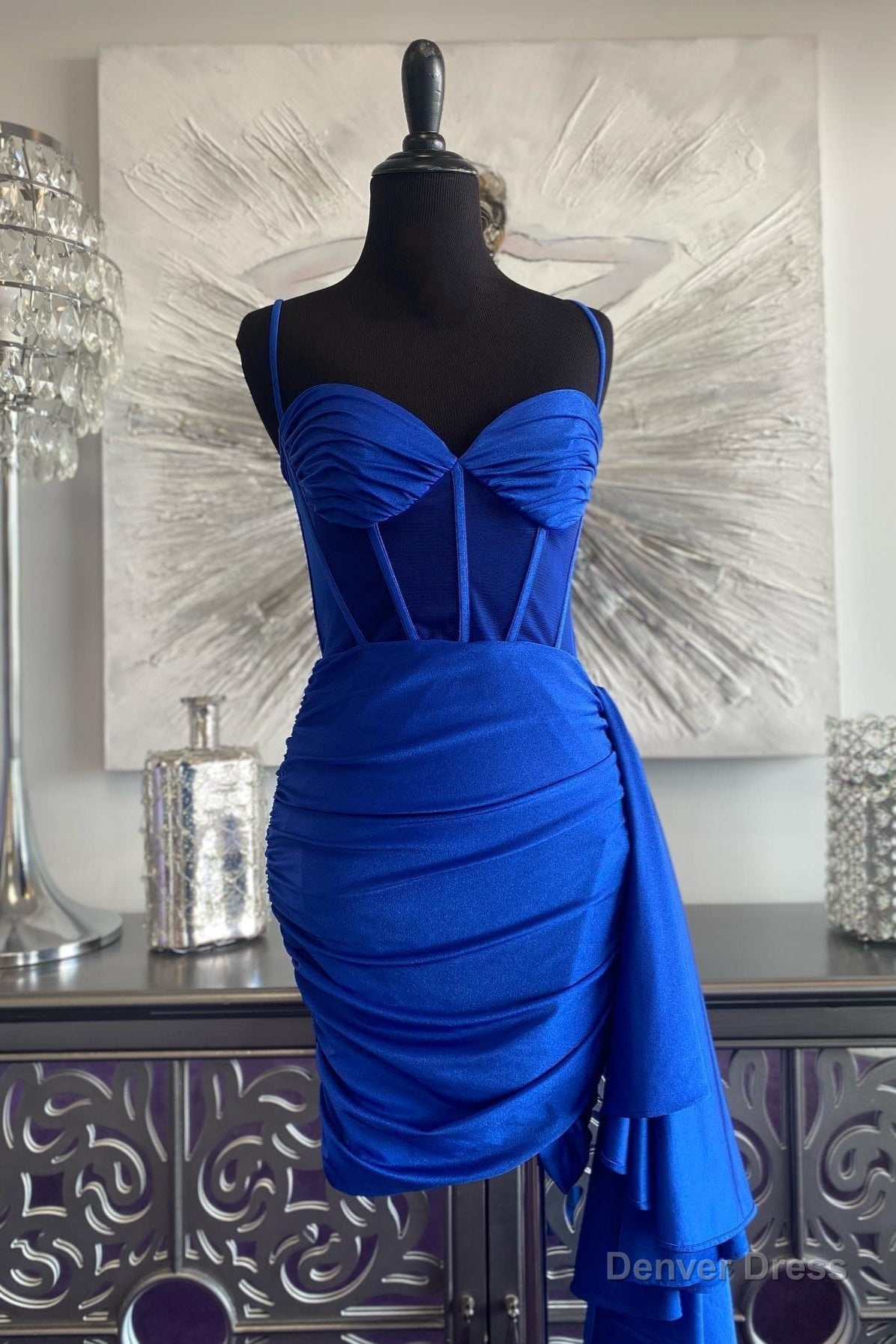 Royal Blue Satin Sheath Cascading Ruffle Homecoming Dress Main image