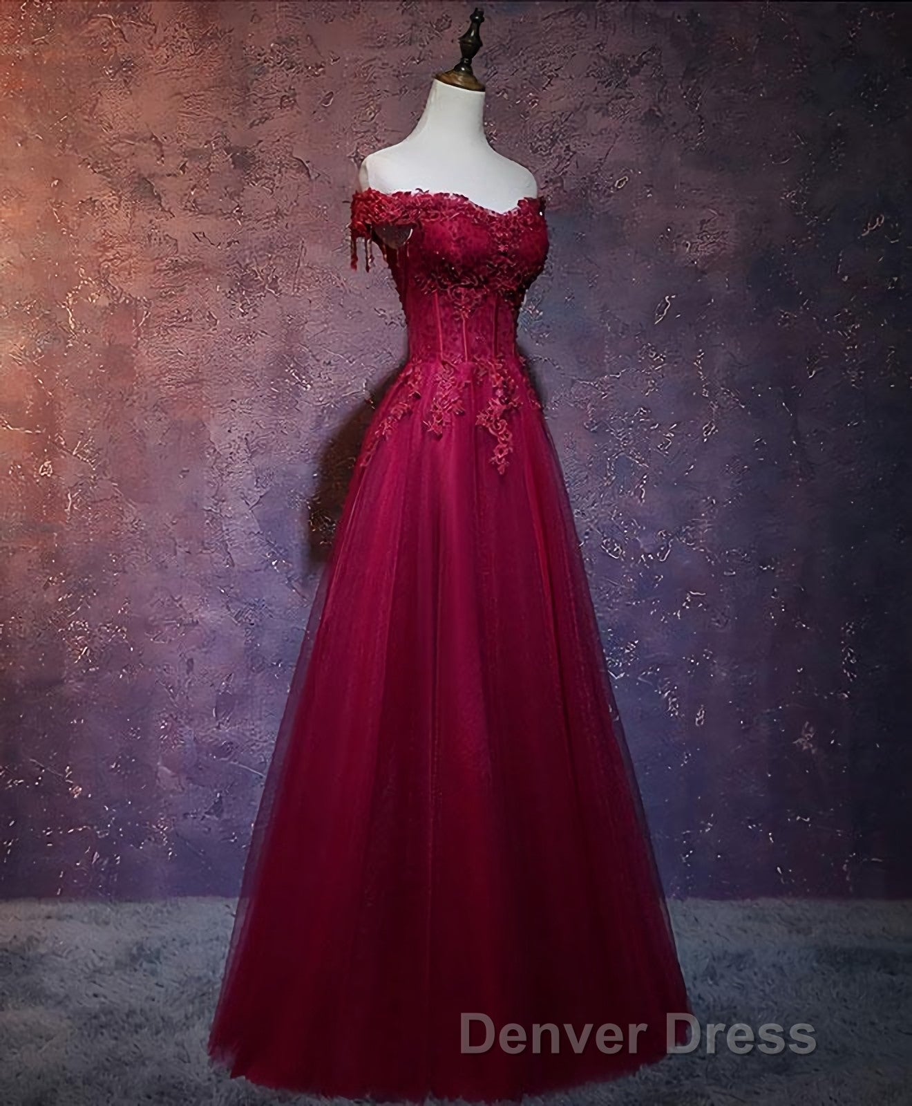 Burgundy Tulle Lace Off Shoulder Long Prom Dress, Burgundy Lace Prom Dresses Secondary image