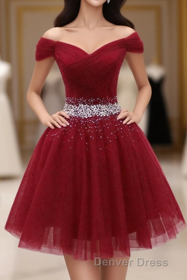 Burgundy Tulle Sequin Short Prom Dresses, Burgundy Homecoming Dresses, 1 Main image