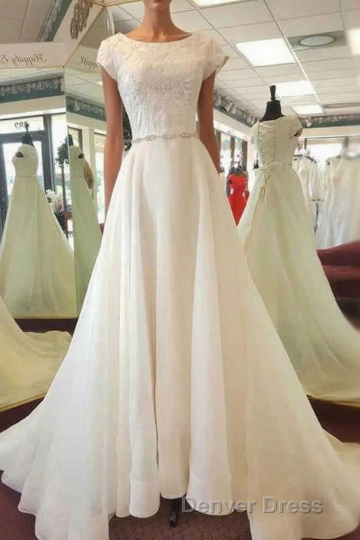 Delicate Round Neck Short Sleeves Sweep Train Lace Appliques Wedding Dresses